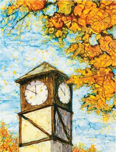 Highland City Hall Clock Tower: Reprint of original artwork by Patricia Ballwin using alcohol inks on tiles.