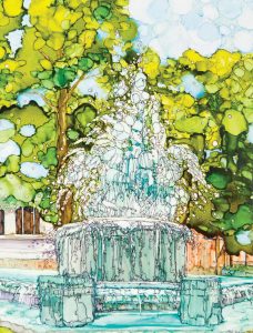 Highland Fountain on the Square: Reprint from original artwork by Patricia Ballwin using alcohol inks on tiles.