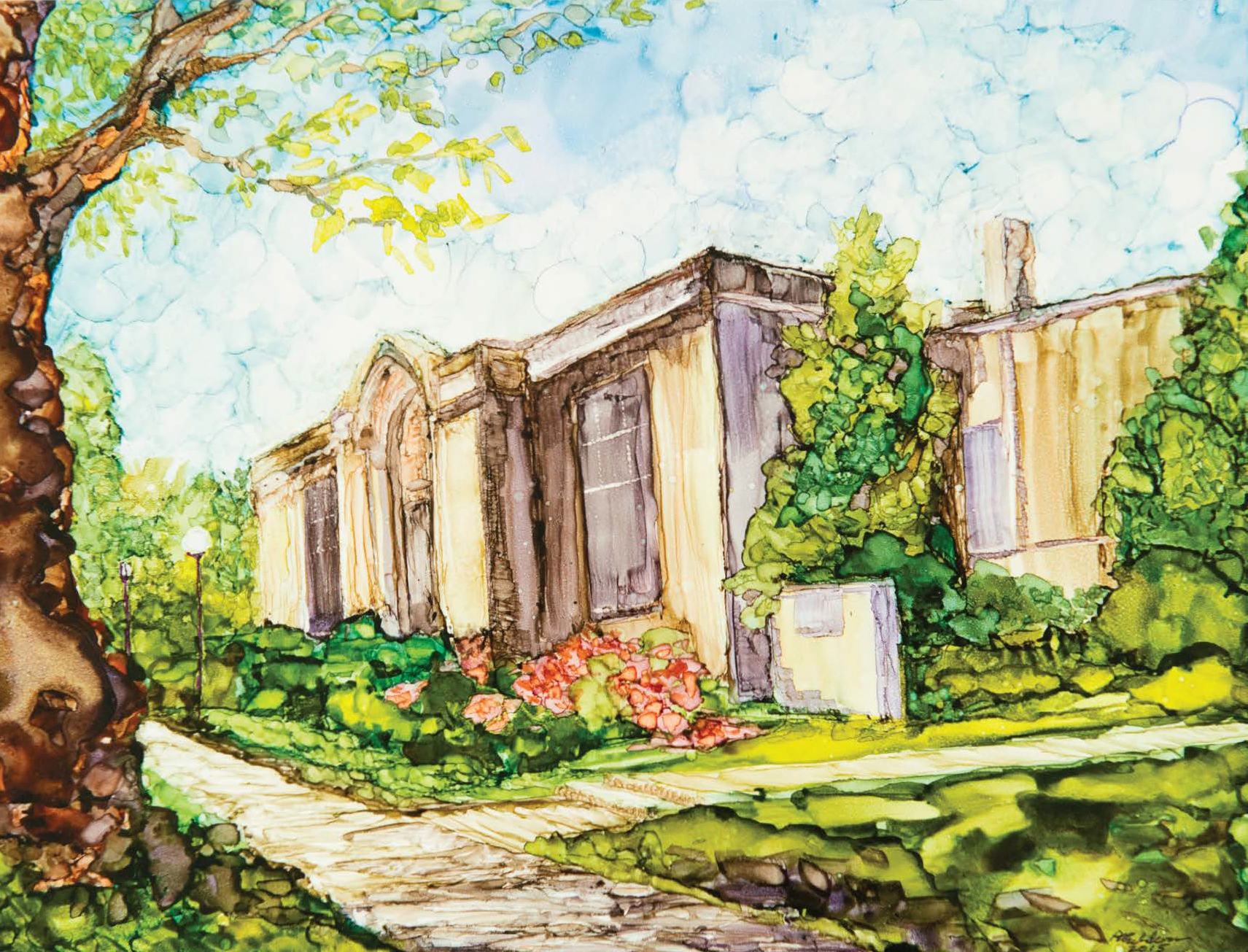 note_cards_highland_library Louis Latzer Memorial Library, Highland, IL: Reprint of original artwork by Patricia Ballwin using alcohol inks on tiles.